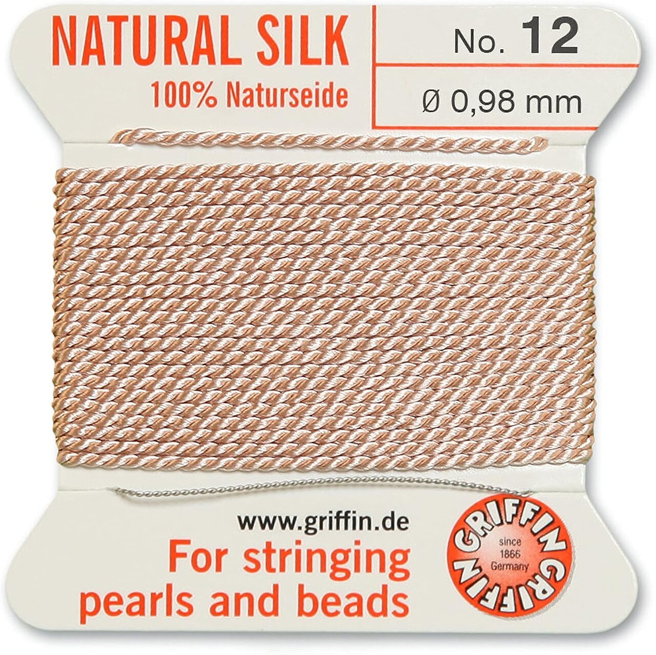Griffin Silk Bead Cord Perlseide – Size 12 (0.98mm) – 2 Meters per Card – Stainless Steel Needle Attached – for Knotting Pearls, Gemstones, Crystals and Beads